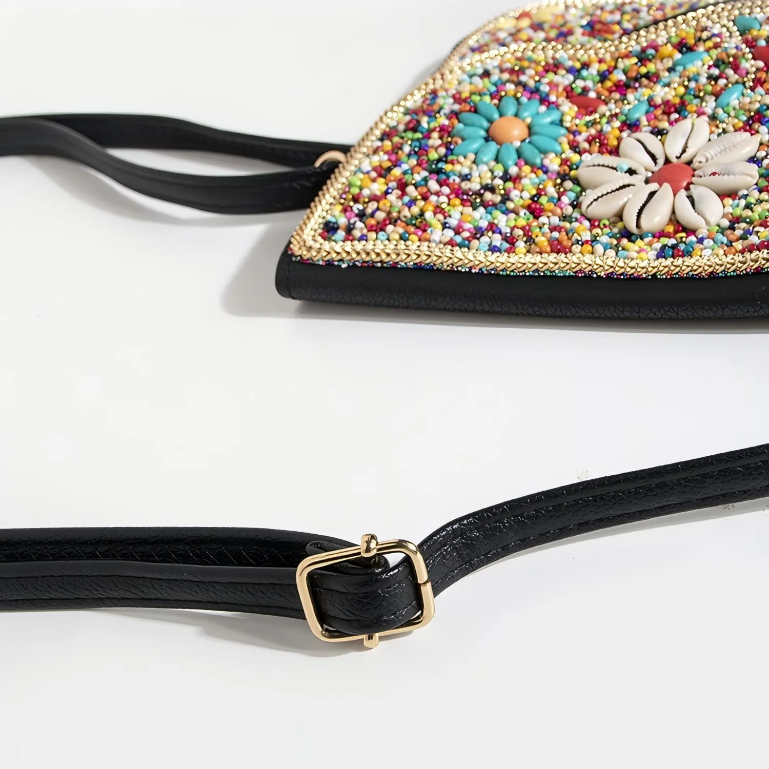 Bohemian Style Beaded Crossbody Bag for Women, Small Cell Phone Shoulder Bag, Cell Phone Wallet Purse, Adjustable Strap