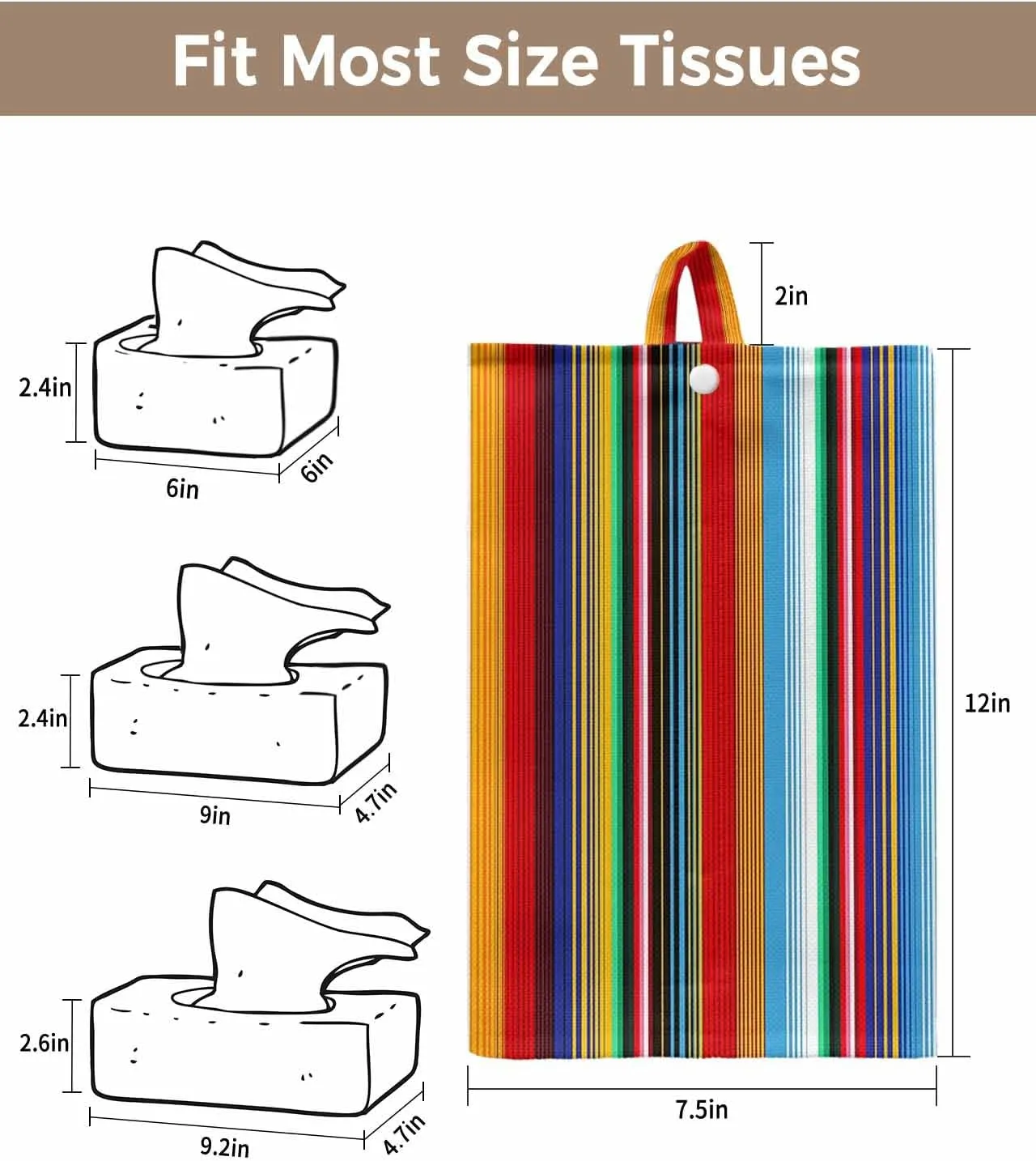 Boho Stripes Tissues Box Cover Rectangular Square Travel Car Tissue Holder with Hanging Strip,4 Packs Multifunctional Bathroom Toilet Tissue Boxes Storage Organizer Bag,Colorful Mexico Gradual Striped