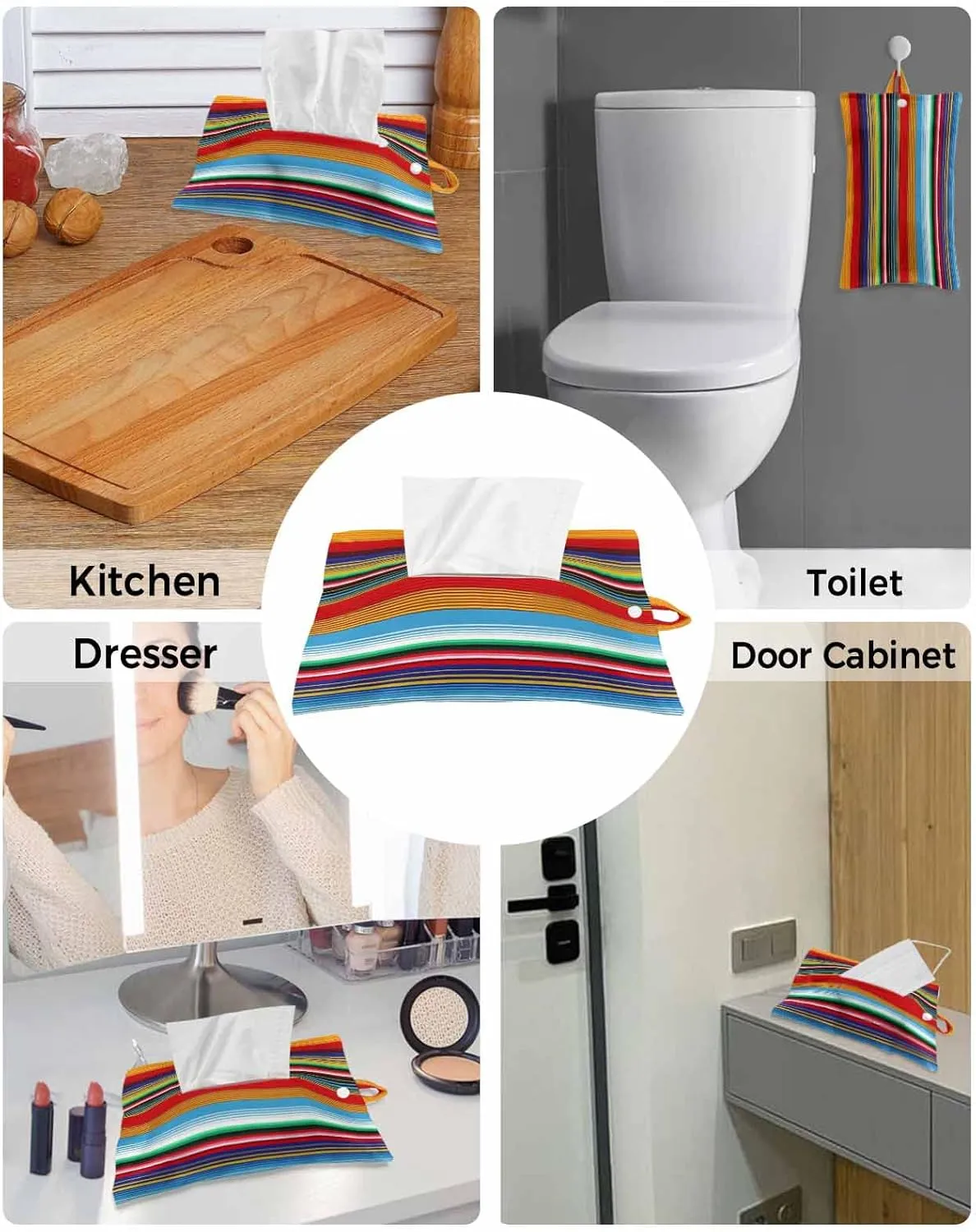 Boho Stripes Tissues Box Cover Rectangular Square Travel Car Tissue Holder with Hanging Strip,4 Packs Multifunctional Bathroom Toilet Tissue Boxes Storage Organizer Bag,Colorful Mexico Gradual Striped