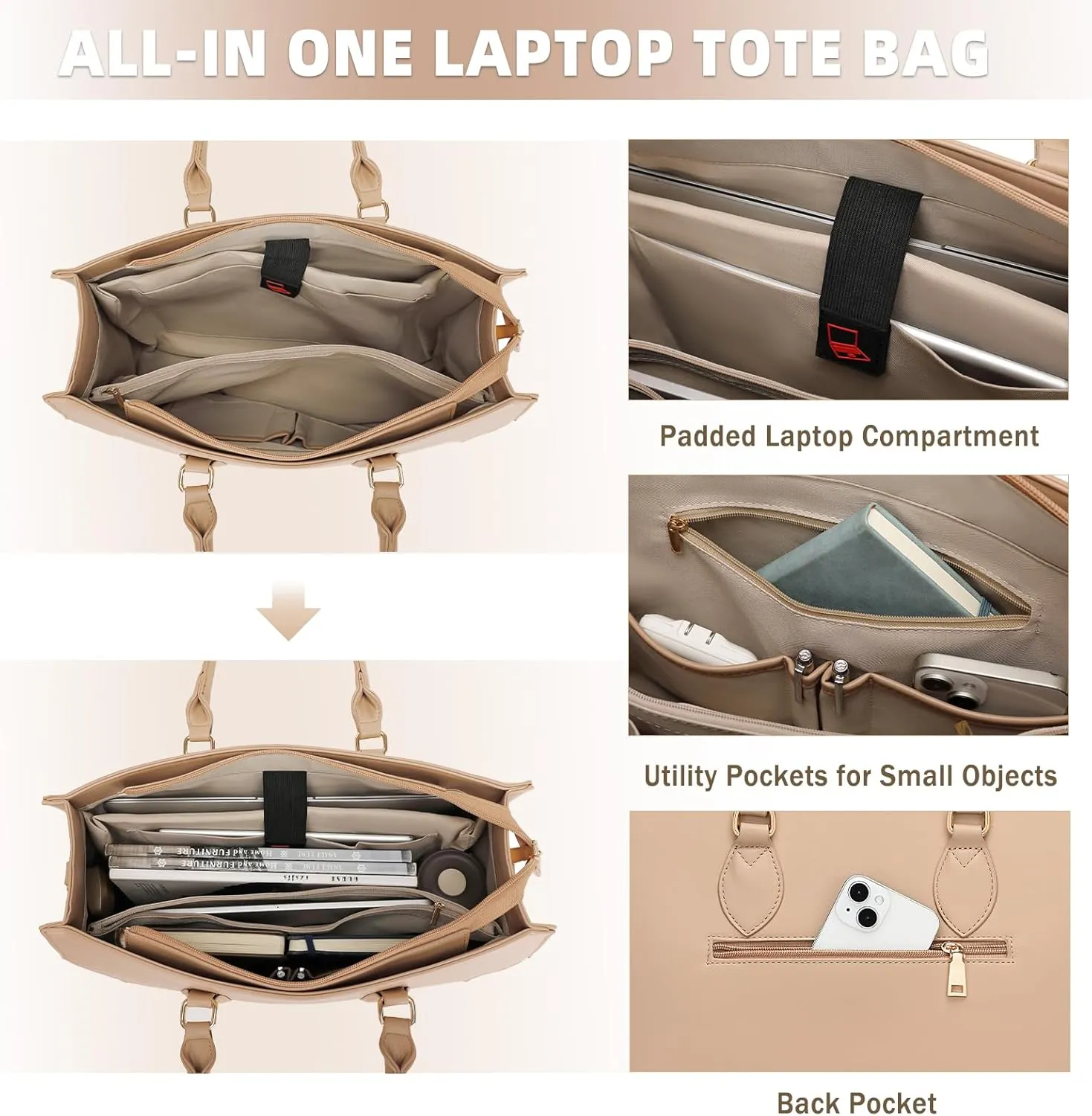 BOLOSTA Laptop Bag for Women 15.6 inch Work Tote Bags for Women Large Waterproof Leather Computer Bag with Clutch Purse