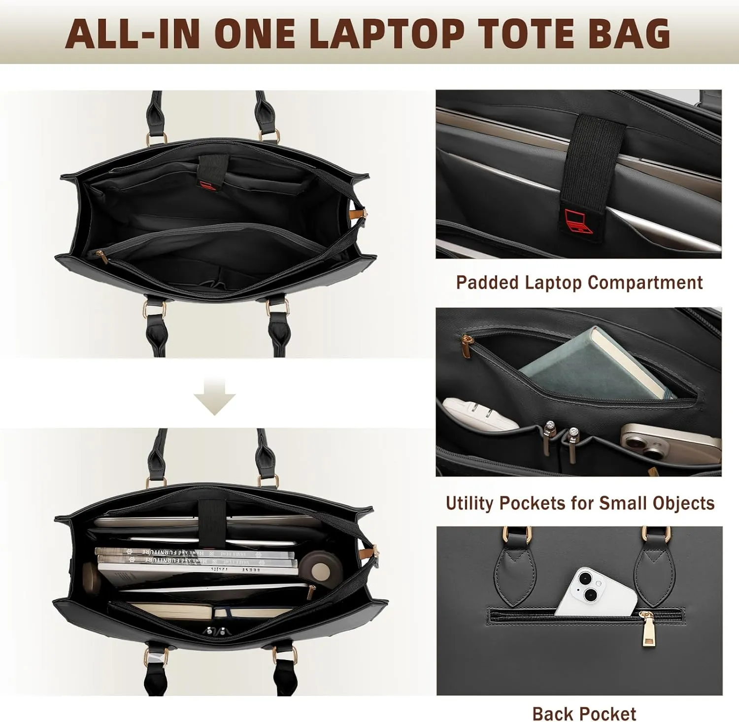 BOLOSTA Laptop Bag for Women 15.6 inch Work Tote Bags for Women Large Waterproof Leather Computer Bag with Clutch Purse