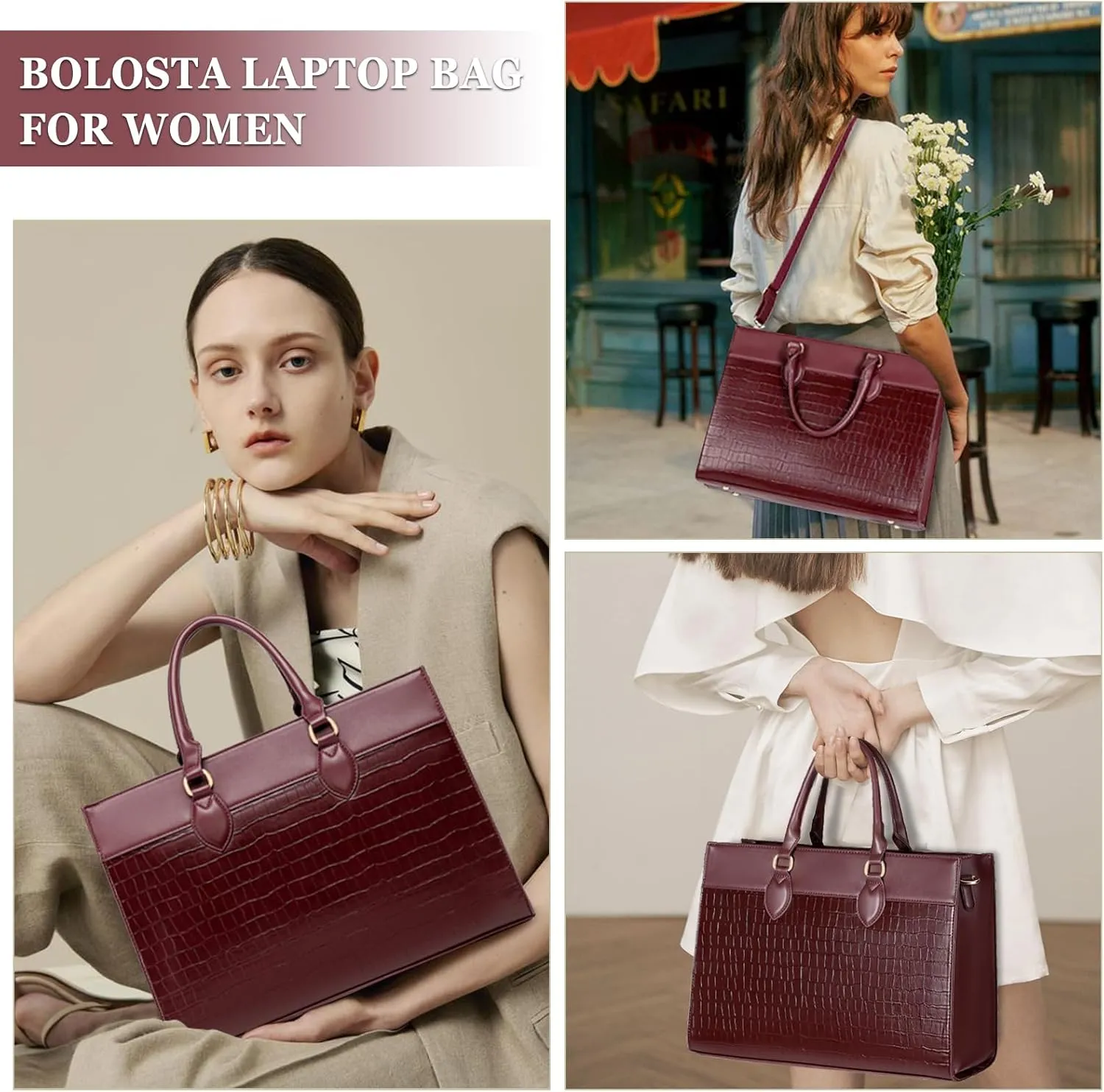 BOLOSTA Laptop Bag for Women 15.6 inch Work Tote Bags for Women Large Waterproof Leather Computer Bag with Clutch Purse