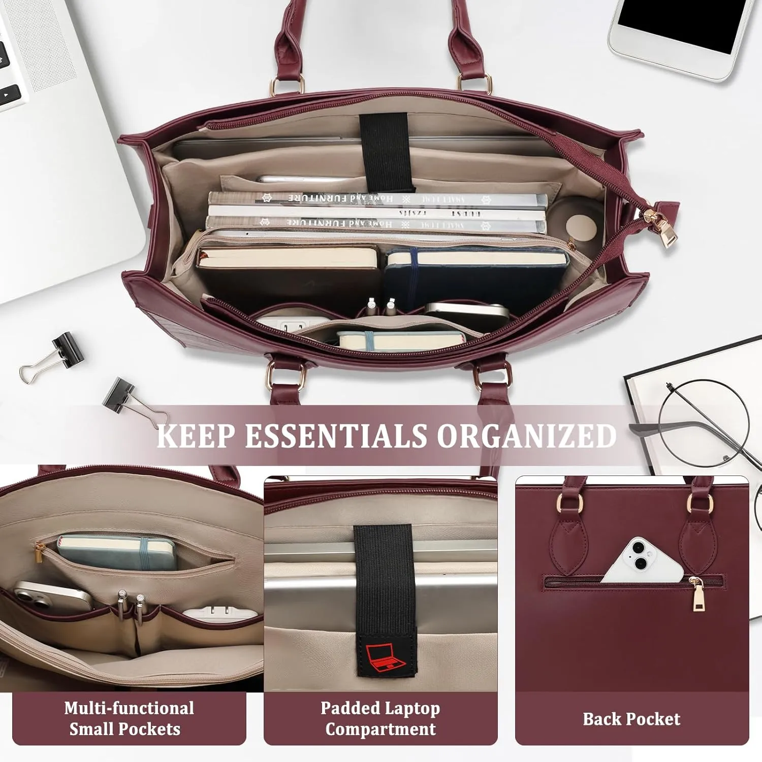 BOLOSTA Laptop Bag for Women 15.6 inch Work Tote Bags for Women Large Waterproof Leather Computer Bag with Clutch Purse