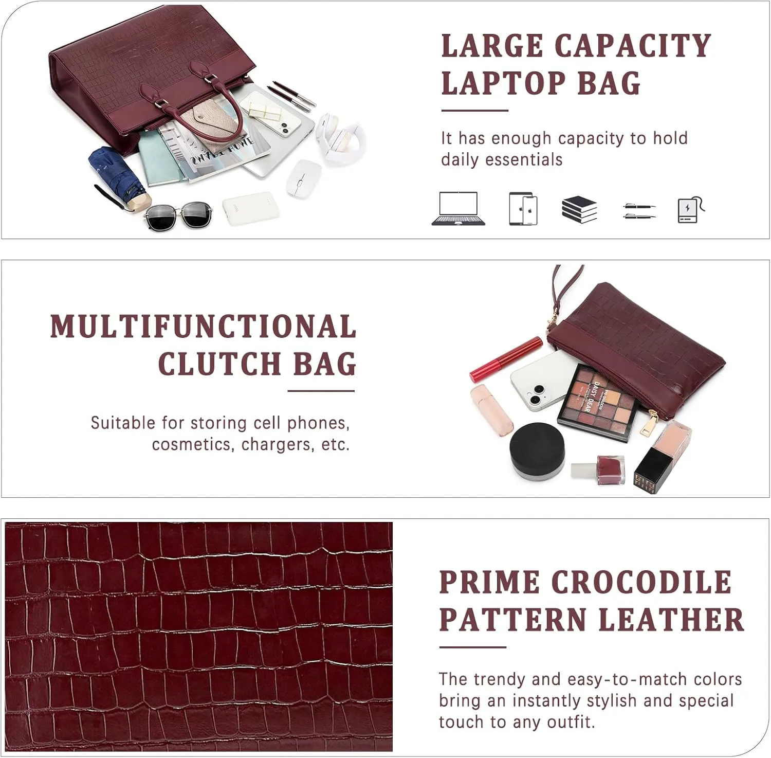 BOLOSTA Laptop Bag for Women 15.6 inch Work Tote Bags for Women Large Waterproof Leather Computer Bag with Clutch Purse