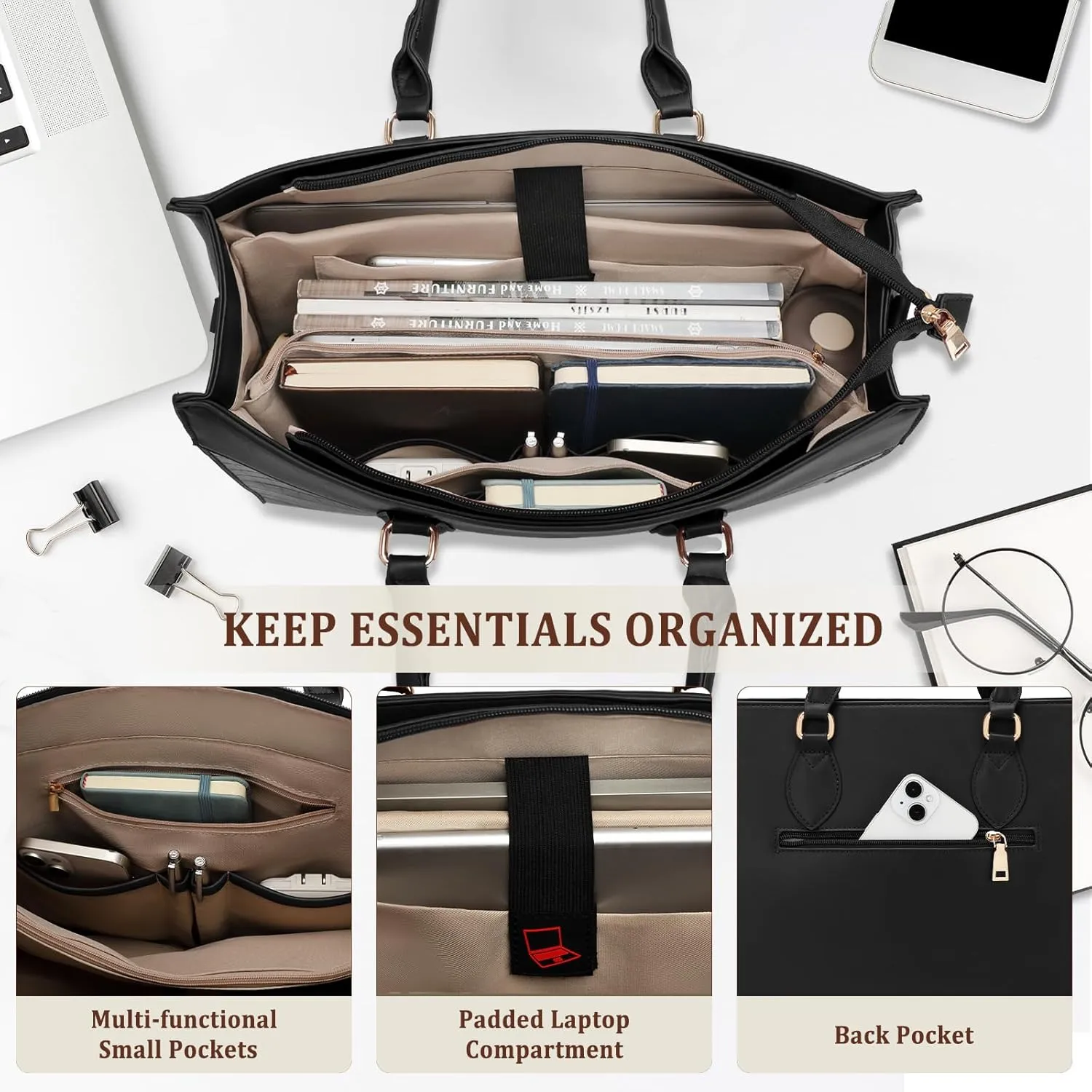 BOLOSTA Laptop Bag for Women 15.6 inch Work Tote Bags for Women Large Waterproof Leather Computer Bag with Clutch Purse