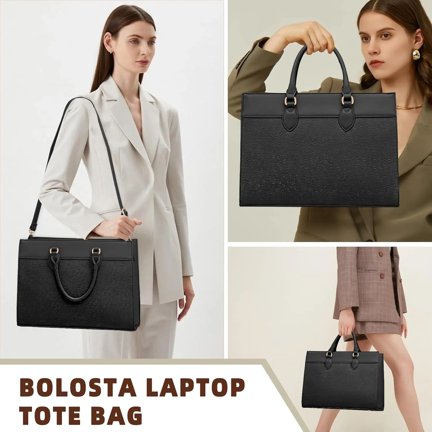 BOLOSTA Laptop Bag for Women 15.6 inch Work Tote Bags for Women Large Waterproof Leather Computer Bag with Clutch Purse