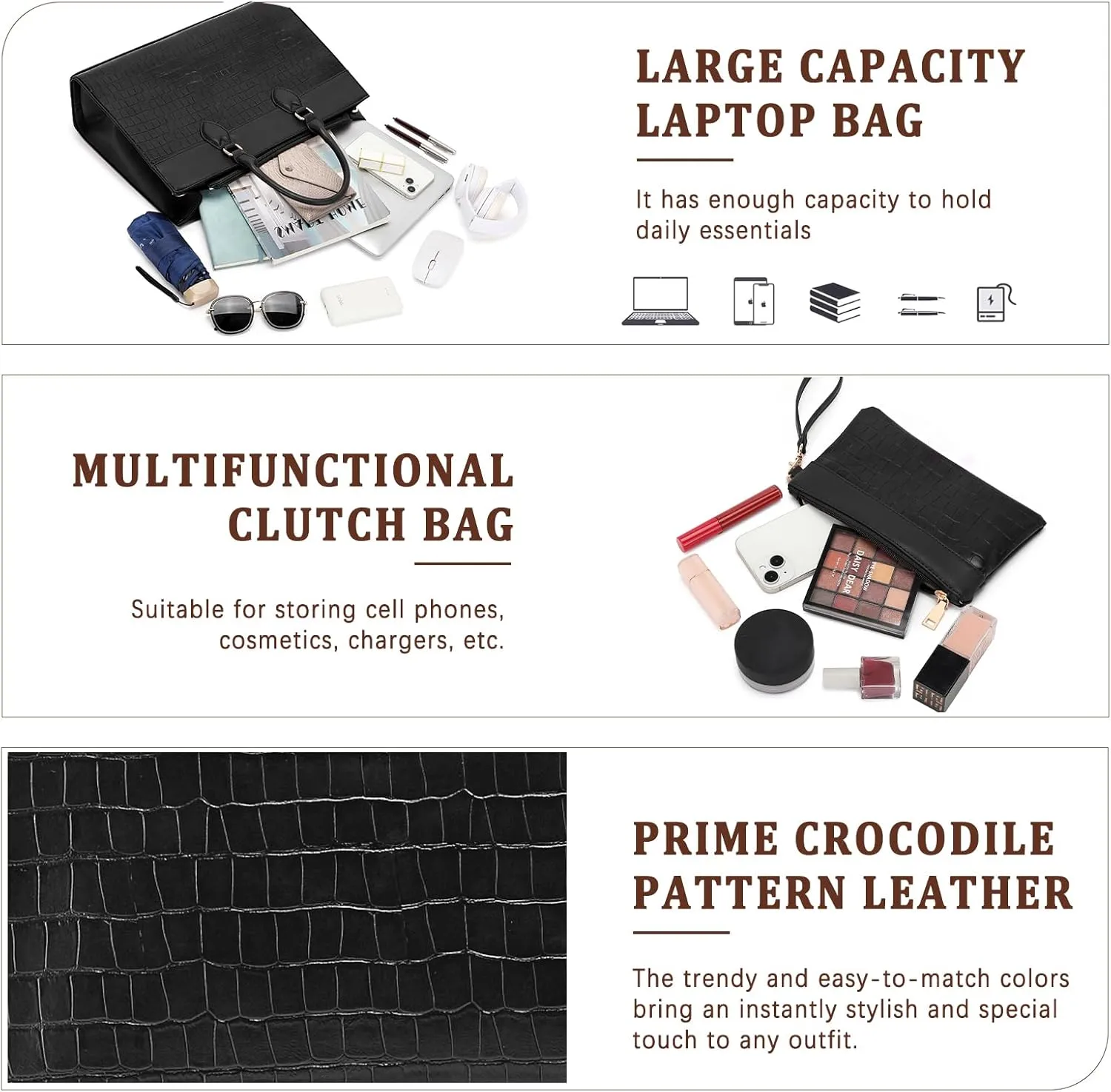 BOLOSTA Laptop Bag for Women 15.6 inch Work Tote Bags for Women Large Waterproof Leather Computer Bag with Clutch Purse