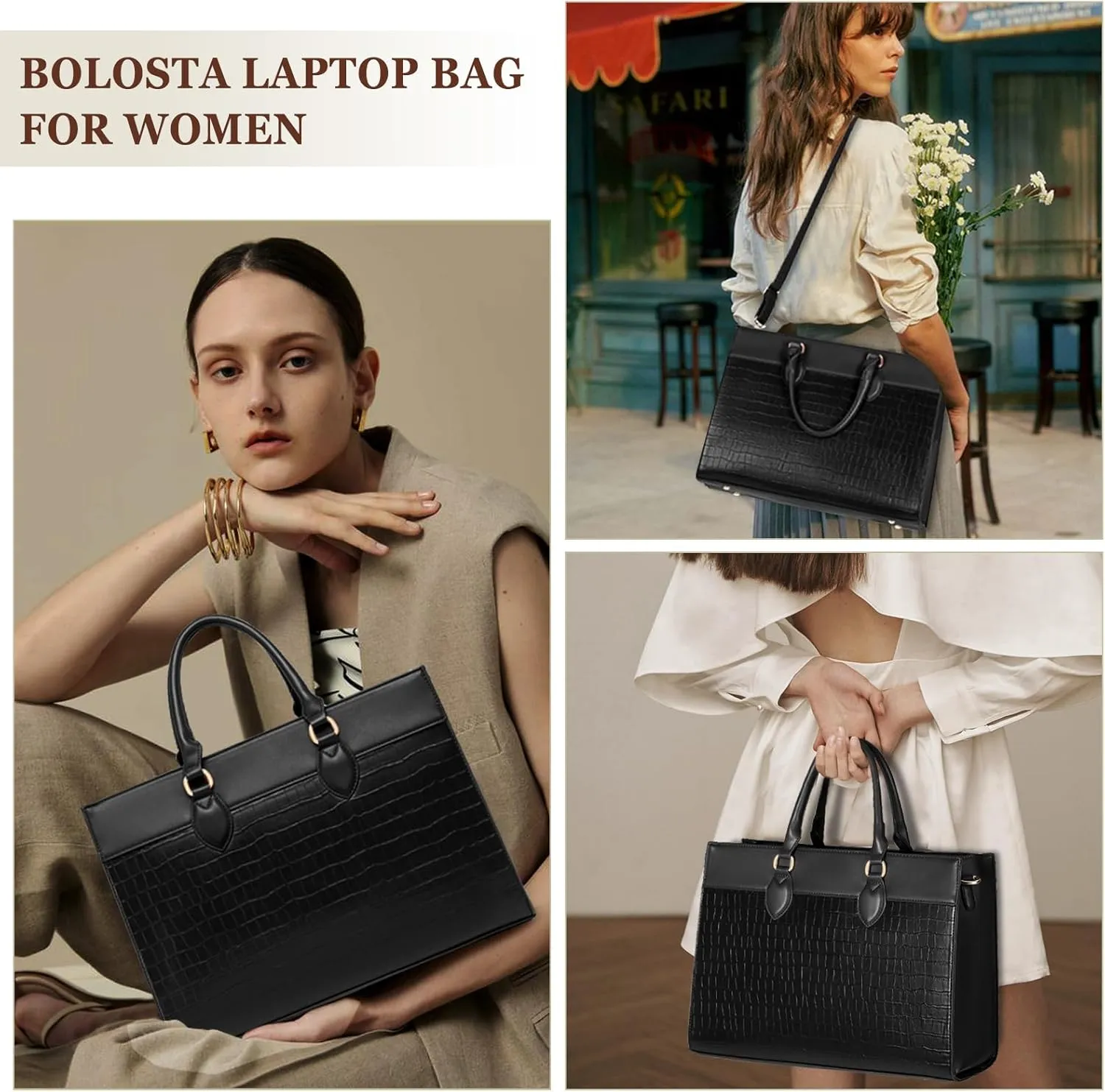 BOLOSTA Laptop Bag for Women 15.6 inch Work Tote Bags for Women Large Waterproof Leather Computer Bag with Clutch Purse