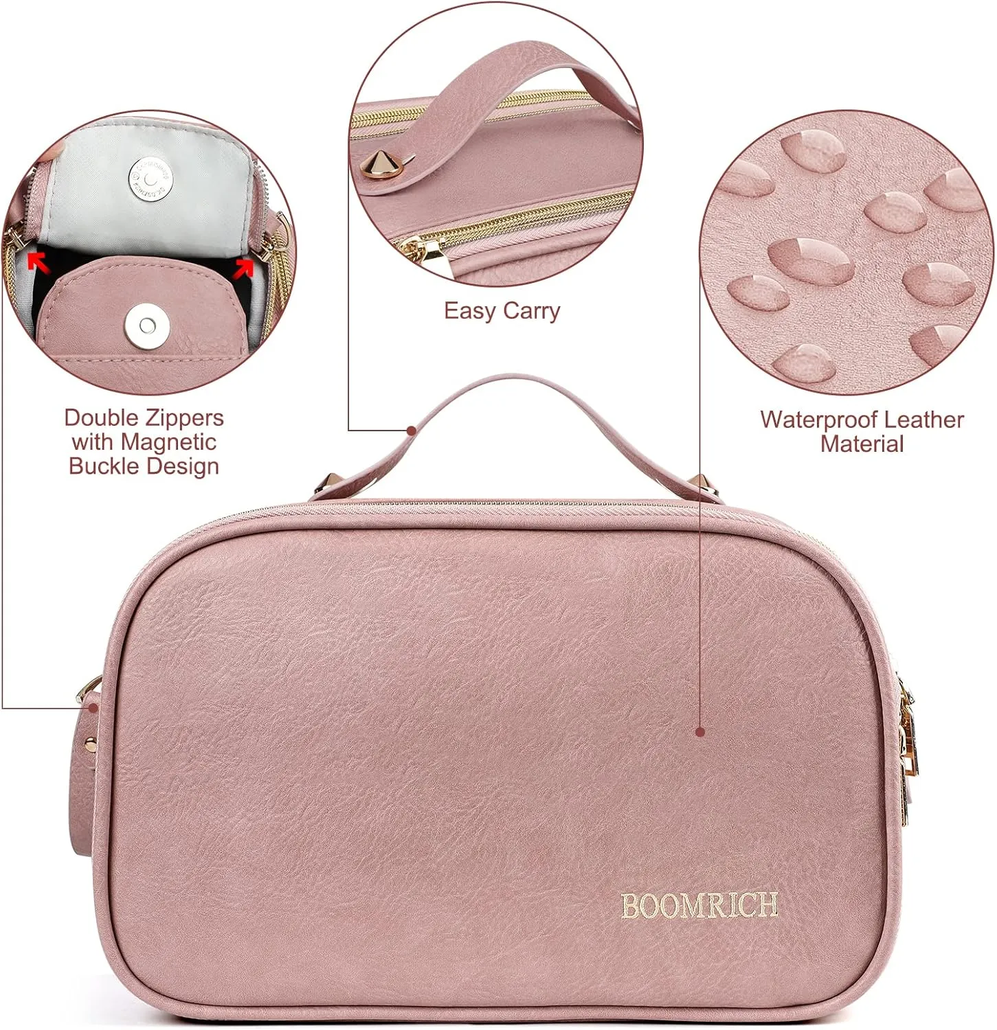 BOOMRICH Large Travel Makeup Bag, Cosmetic Bag, Toiletry Bag for Women, Water-Resistant Leather Toiletry Organizer, Dopp Kit for Toiletries Accessories, Pink