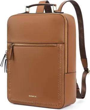 BOSTANTEN Leather Backpack 15.6 inch Laptop Bag Travel Casual Computer Backpack College Business Work Shoulder Bags with Trolley Sleeve for Women Men Brown