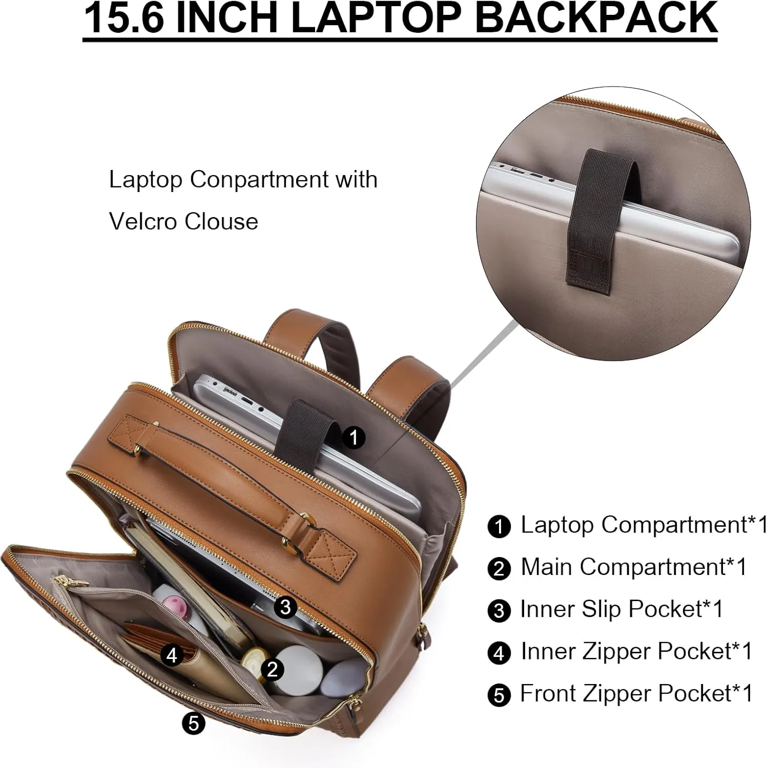 BOSTANTEN Leather Backpack 15.6 inch Laptop Bag Travel Casual Computer Backpack College Business Work Shoulder Bags with Trolley Sleeve for Women Men Brown