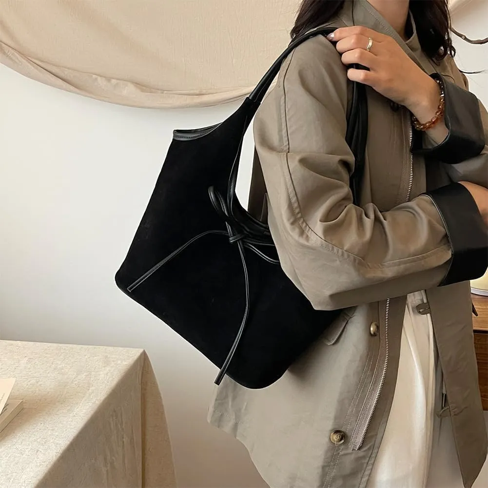 Bow Suede Tote Bag for Women - Brown Burgundy Work Hobo Handbags with Bow