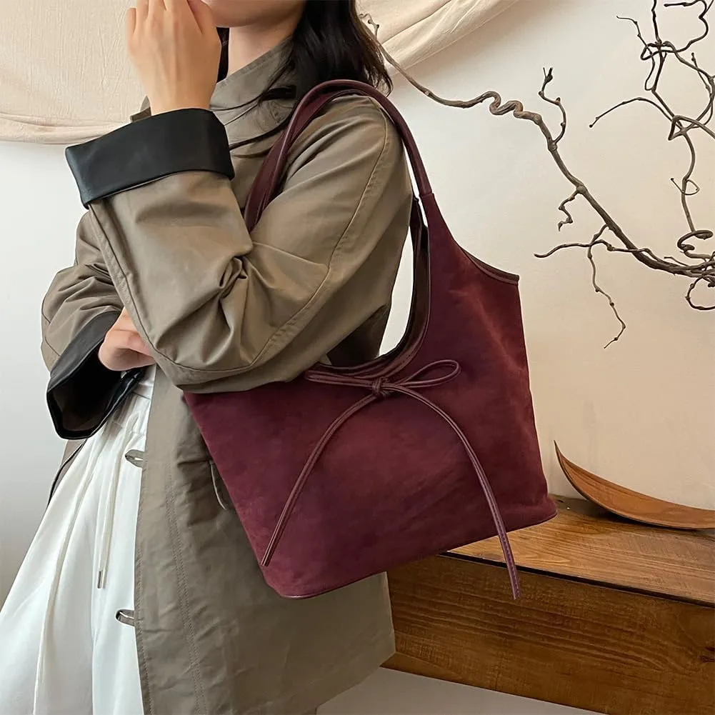 Bow Suede Tote Bag for Women - Brown Burgundy Work Hobo Handbags with Bow