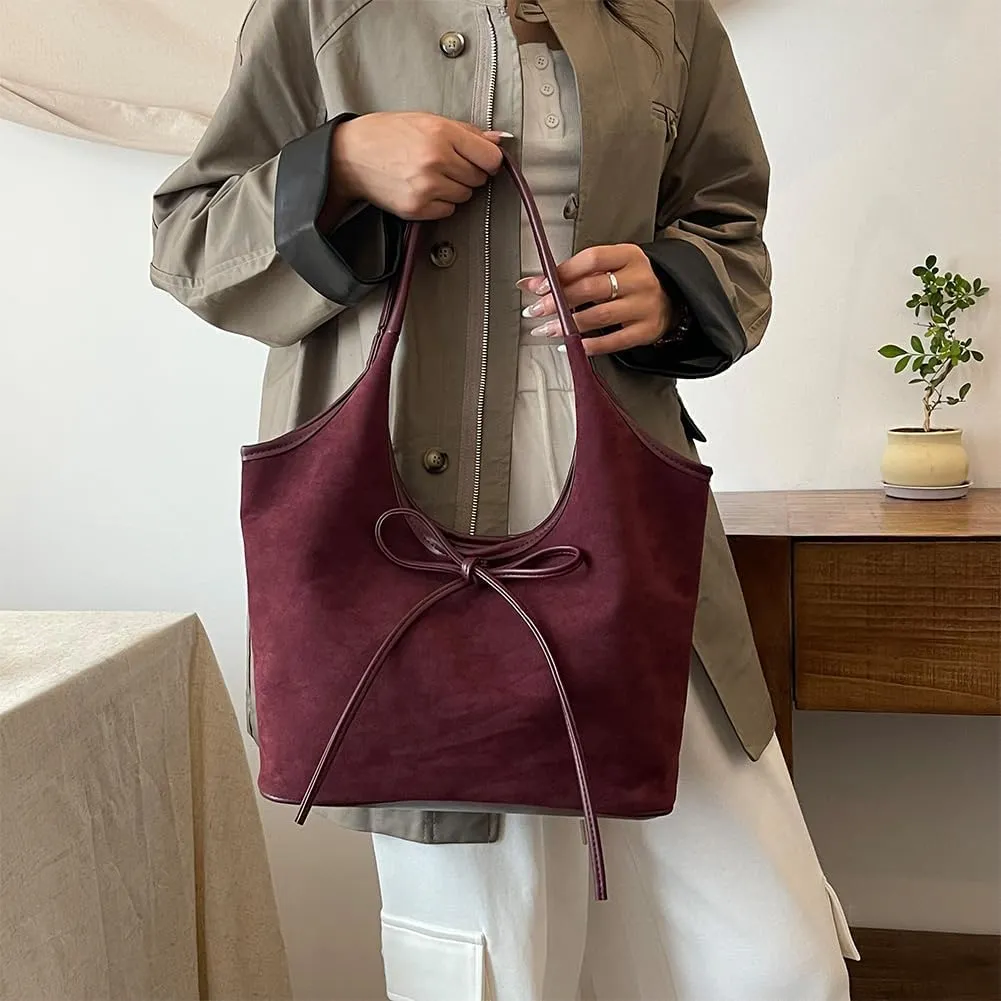Bow Suede Tote Bag for Women - Brown Burgundy Work Hobo Handbags with Bow