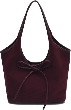 Bow Suede Tote Bag for Women - Brown Burgundy Work Hobo Handbags with Bow