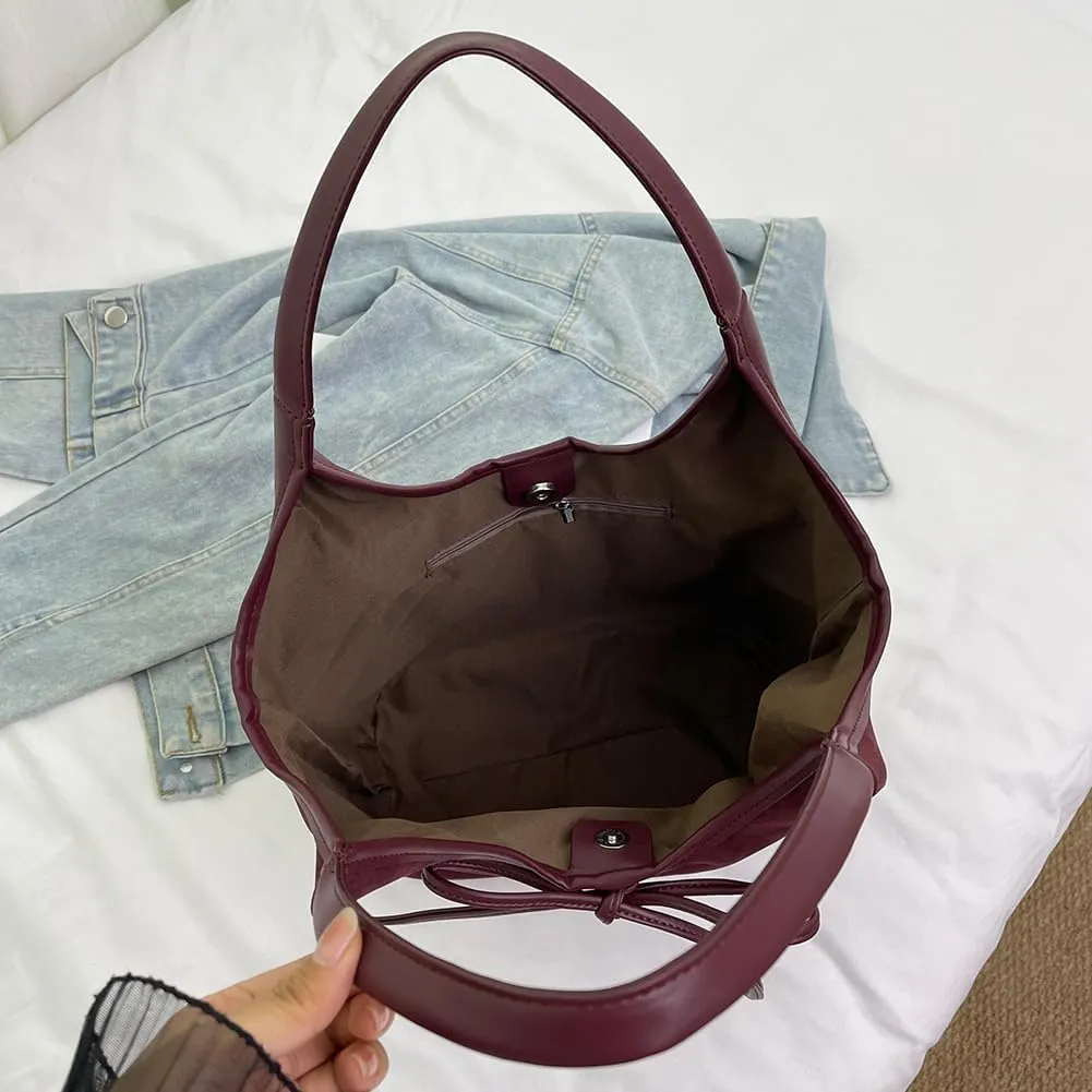 Bow Suede Tote Bag for Women - Brown Burgundy Work Hobo Handbags with Bow