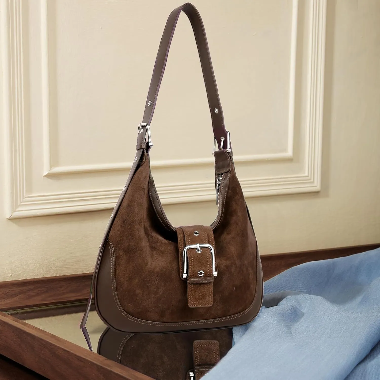 BOYATU Suede Shoulder Bag for Women: Genuine Leather Tote Bag - Ladies Crescent Satchel Handbags for Travel