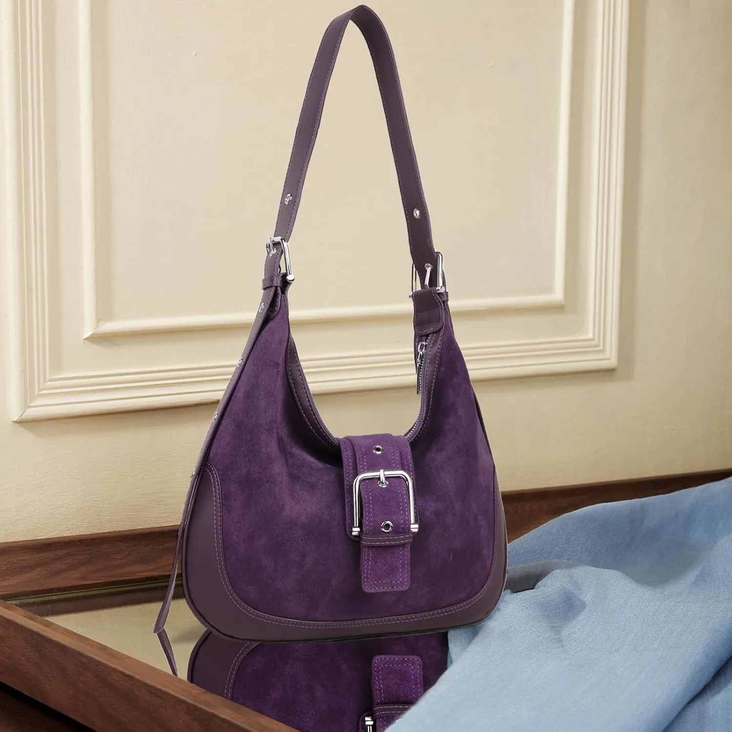 BOYATU Suede Shoulder Bag for Women: Genuine Leather Tote Bag - Ladies Crescent Satchel Handbags for Travel