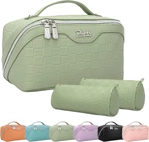 BOYATU Travel Makeup Bag Organizer Cosmetic Bag: 3 Pcs Set Make up Bags for Women with Handle - Waterproof Vegan Leather Toiletry Bags with Comparments (Green)