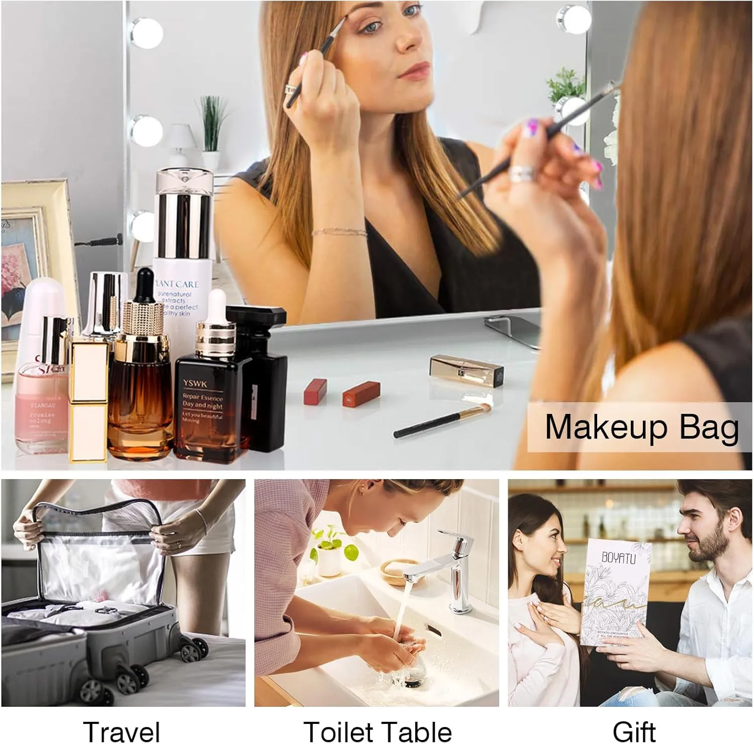 BOYATU Travel Makeup Bag Organizer Cosmetic Bag: 3 Pcs Set Make up Bags for Women with Handle - Waterproof Vegan Leather Toiletry Bags with Comparments (Green)