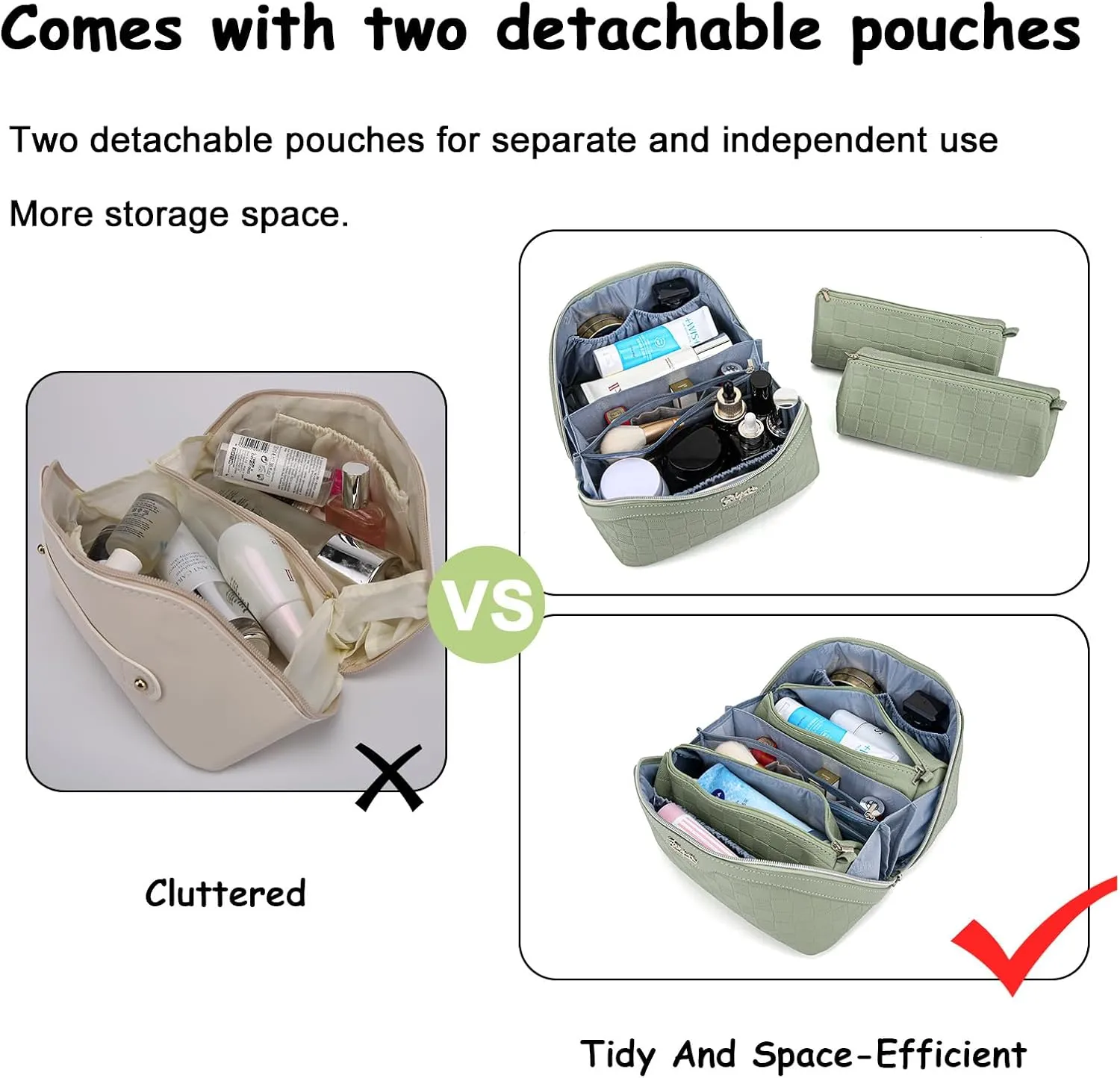 BOYATU Travel Makeup Bag Organizer Cosmetic Bag: 3 Pcs Set Make up Bags for Women with Handle - Waterproof Vegan Leather Toiletry Bags with Comparments (Green)