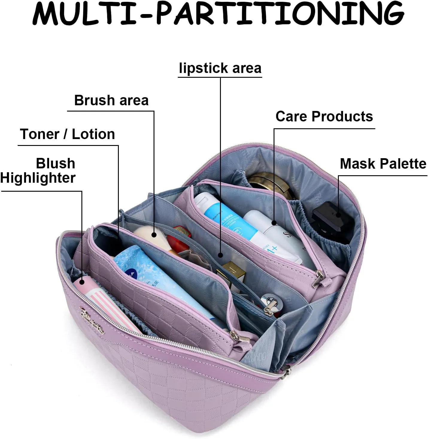 BOYATU Travel Makeup Bag Organizer Cosmetic Bag: 3 Pcs Set Make up Bags for Women with Handle - Waterproof Vegan Leather Toiletry Bags with Comparments (Purple)