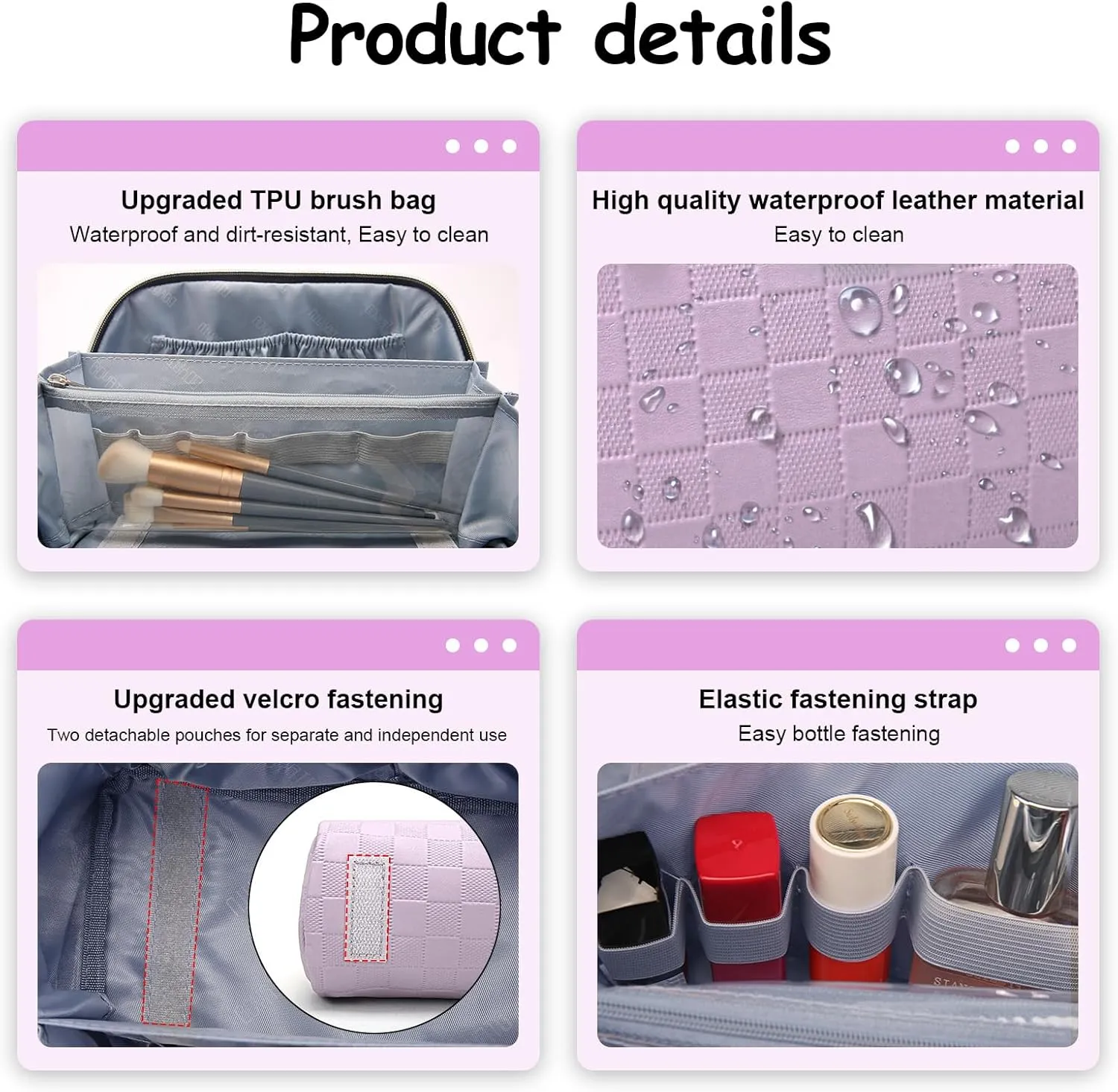 BOYATU Travel Makeup Bag Organizer Cosmetic Bag: 3 Pcs Set Make up Bags for Women with Handle - Waterproof Vegan Leather Toiletry Bags with Comparments (Purple)