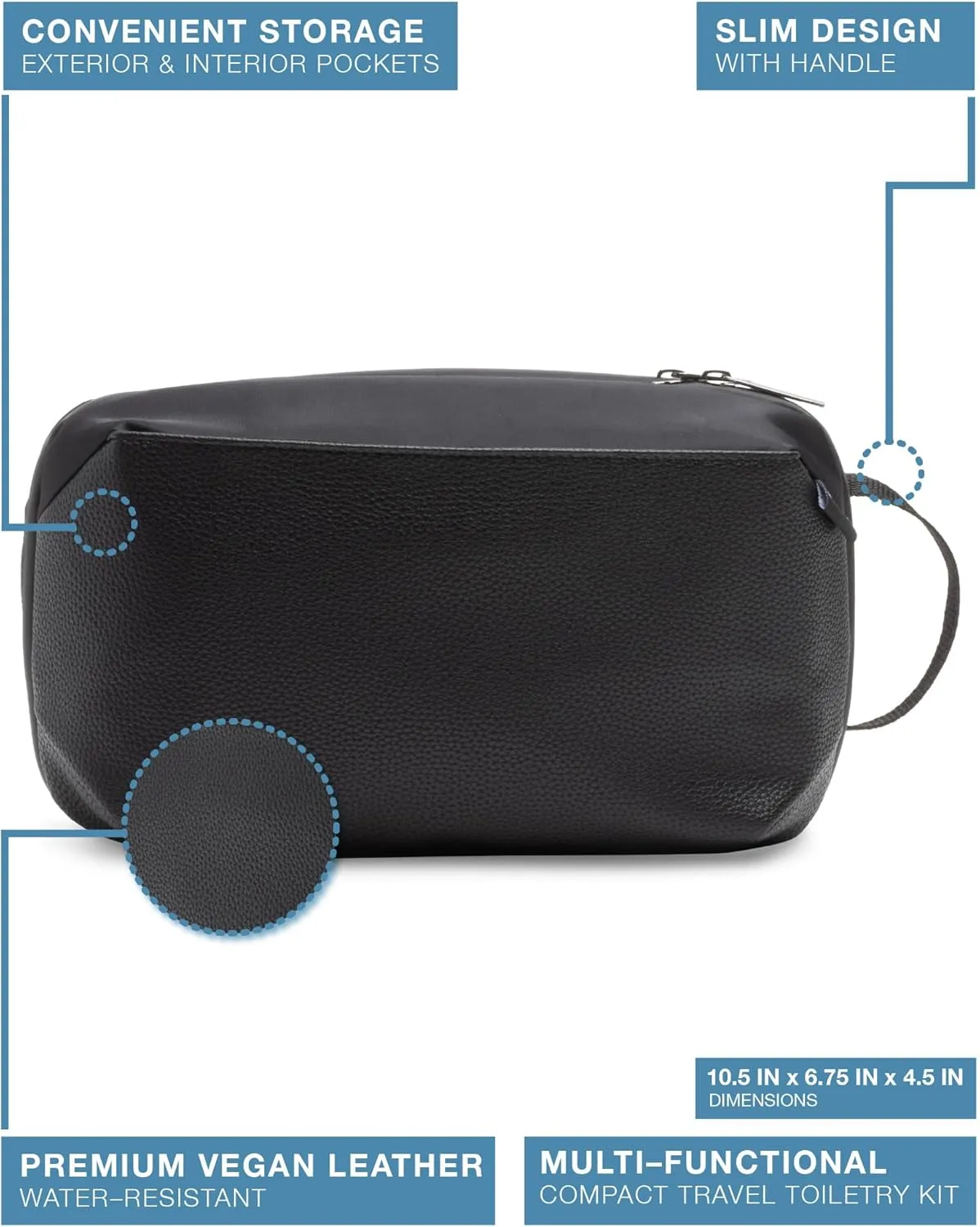 Brookstone Compact Toiletry Kit - Vegan Leather Travel Toiletry Bag with Side Grab Handle - Hygiene Bag Toiletry Organizer, Black