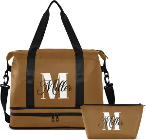 Brown Custom Travel Duffel Bag for Women Men Gym Bag with Shoe Compartment Wet Pocket Personalized Carry On Weekender Overnight Bags for Hospital Gym Travel
