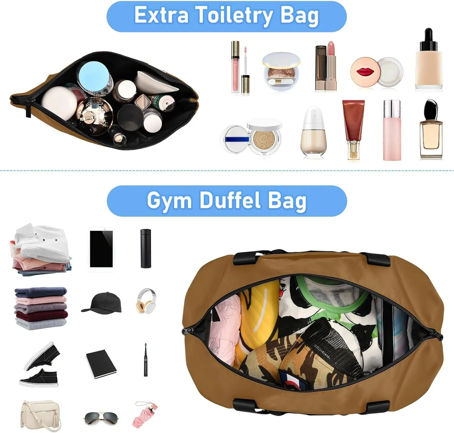 Brown Custom Travel Duffel Bag for Women Men Gym Bag with Shoe Compartment Wet Pocket Personalized Carry On Weekender Overnight Bags for Hospital Gym Travel
