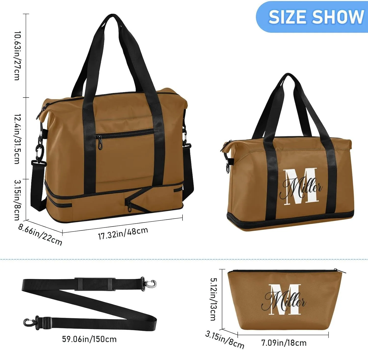 Brown Custom Travel Duffel Bag for Women Men Gym Bag with Shoe Compartment Wet Pocket Personalized Carry On Weekender Overnight Bags for Hospital Gym Travel