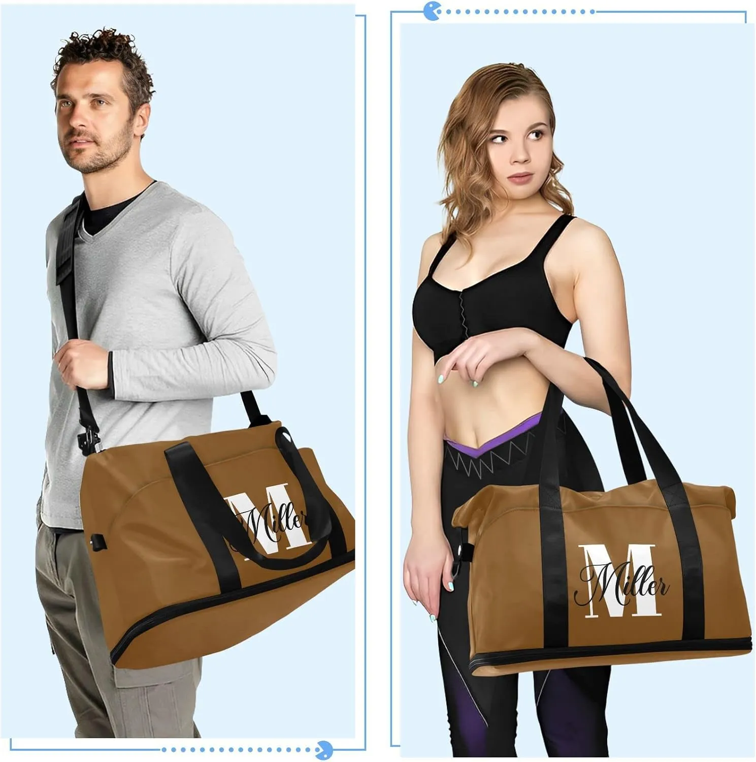 Brown Custom Travel Duffel Bag for Women Men Gym Bag with Shoe Compartment Wet Pocket Personalized Carry On Weekender Overnight Bags for Hospital Gym Travel