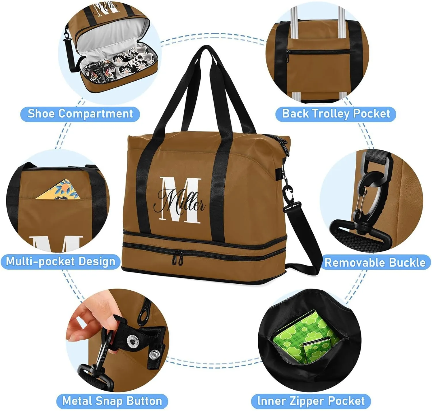 Brown Custom Travel Duffel Bag for Women Men Gym Bag with Shoe Compartment Wet Pocket Personalized Carry On Weekender Overnight Bags for Hospital Gym Travel