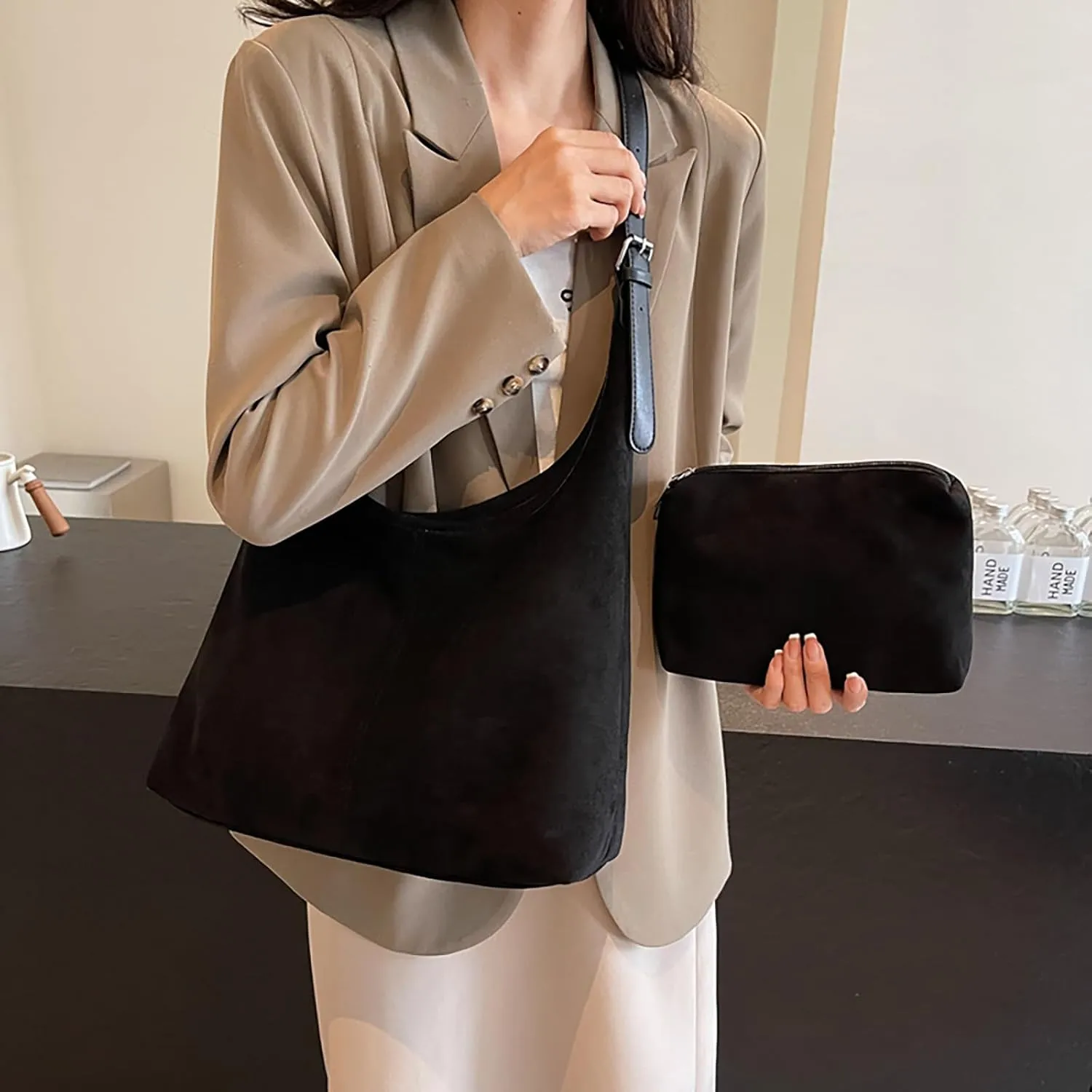 Brown Suede Bags for Women - 2024 New Adjustable Strap Brown Suede Hobo Tote Tote Handbag, Fall Suede Purse with Pouch