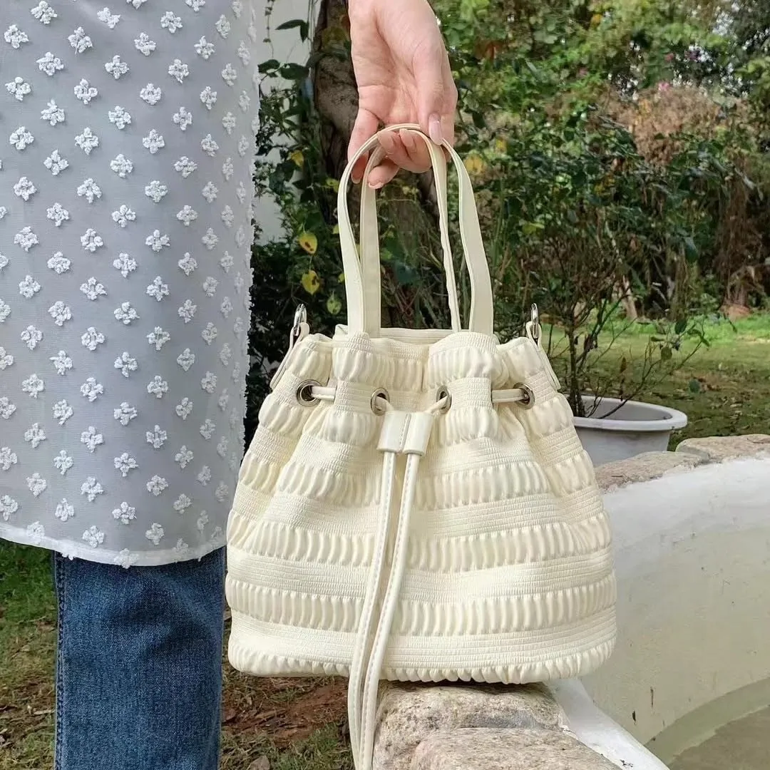 Bucket Bags for Women Drawstring Soft Pu Pleated Handbag Leather Woven Shoulder Bag Crossbody Bag