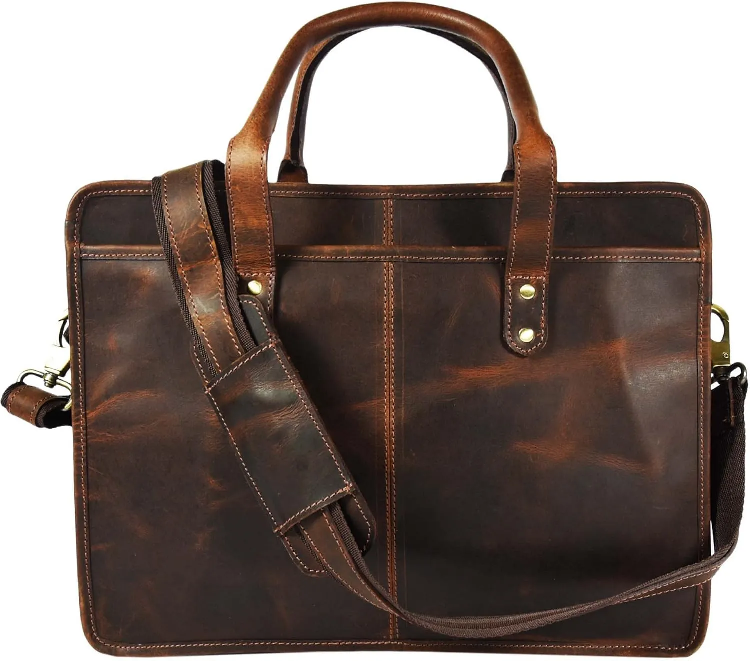 Buffalo Leather Briefcase - Hickory Brown, 17 Inch Laptop Bag with Adjustable Strap, Multi-Purpose Pockets, Durable & Stylish Design