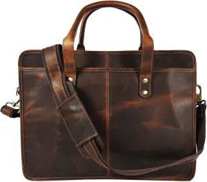 Buffalo Leather Briefcase - Hickory Brown, 17 Inch Laptop Bag with Adjustable Strap, Multi-Purpose Pockets, Durable & Stylish Design