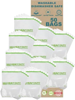 BULK PURCHASE, 50 x Dishwasher-Safe STAND-UP Ziplock Reusable Bags, Extra Thick 5mils HEAVY DUTY Durable Washable Reclosable TRIPLE Ziplock Food Storage Extra Large Bags, XXL 12"x16" 2-Gallon 50-Pack