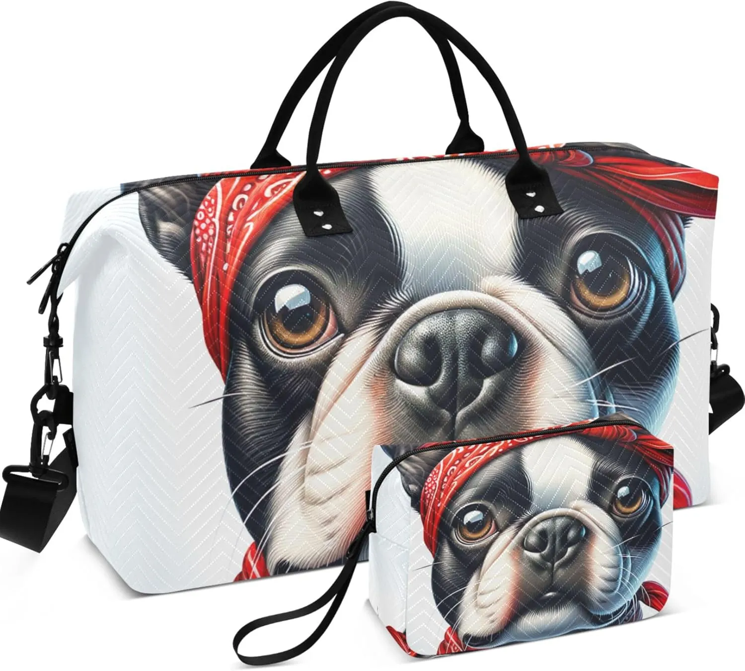 Bulldog Cute Dog Print Duffel Bag Womens Toiletry Bag Set of 2, Print Women Gym Tote Weekender Travel Bag