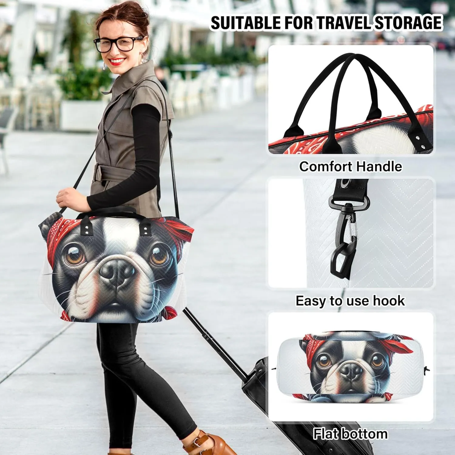 Bulldog Cute Dog Print Duffel Bag Womens Toiletry Bag Set of 2, Print Women Gym Tote Weekender Travel Bag