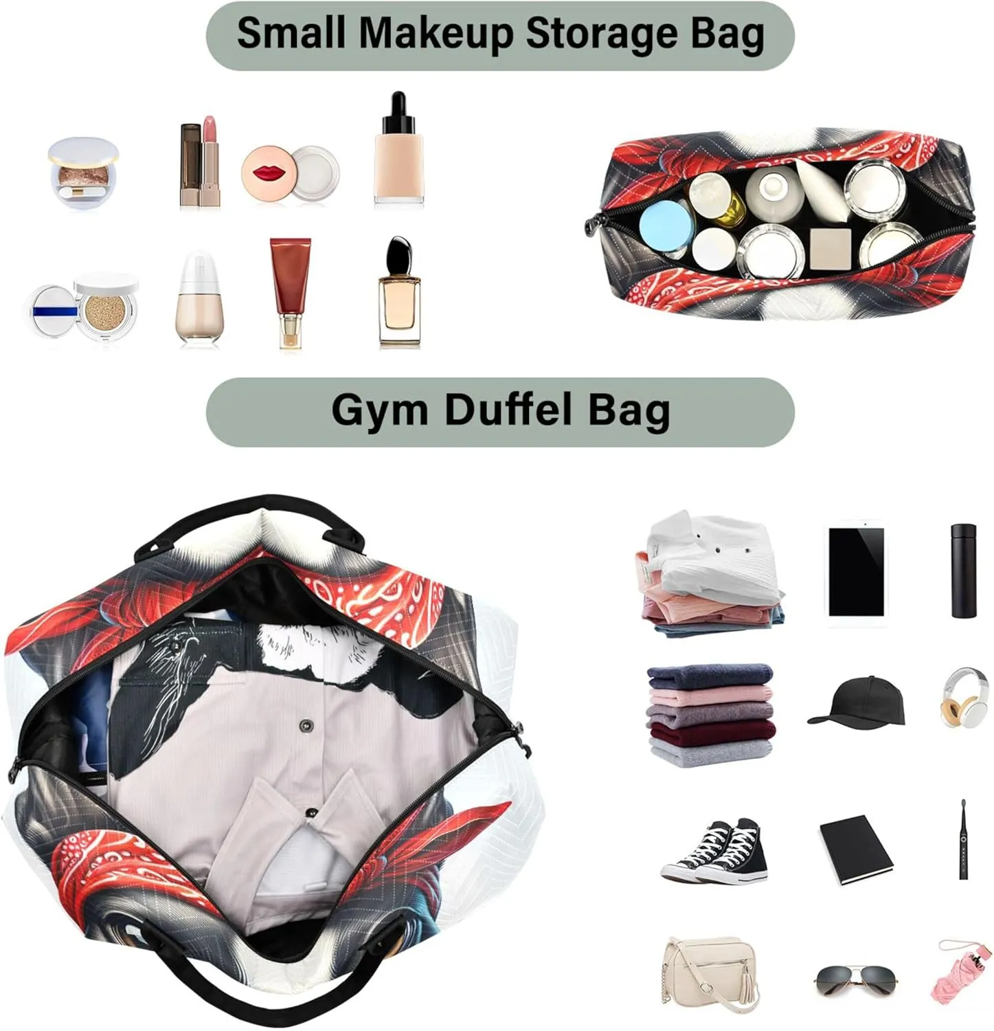 Bulldog Cute Dog Print Duffel Bag Womens Toiletry Bag Set of 2, Print Women Gym Tote Weekender Travel Bag