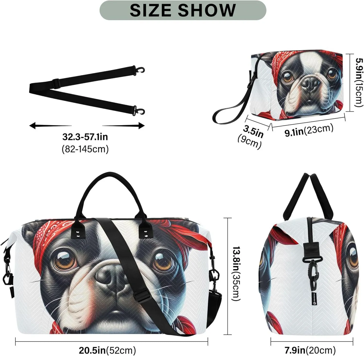 Bulldog Cute Dog Print Duffel Bag Womens Toiletry Bag Set of 2, Print Women Gym Tote Weekender Travel Bag