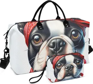 Bulldog Cute Dog Print Duffel Bag Womens Toiletry Bag Set of 2, Print Women Gym Tote Weekender Travel Bag