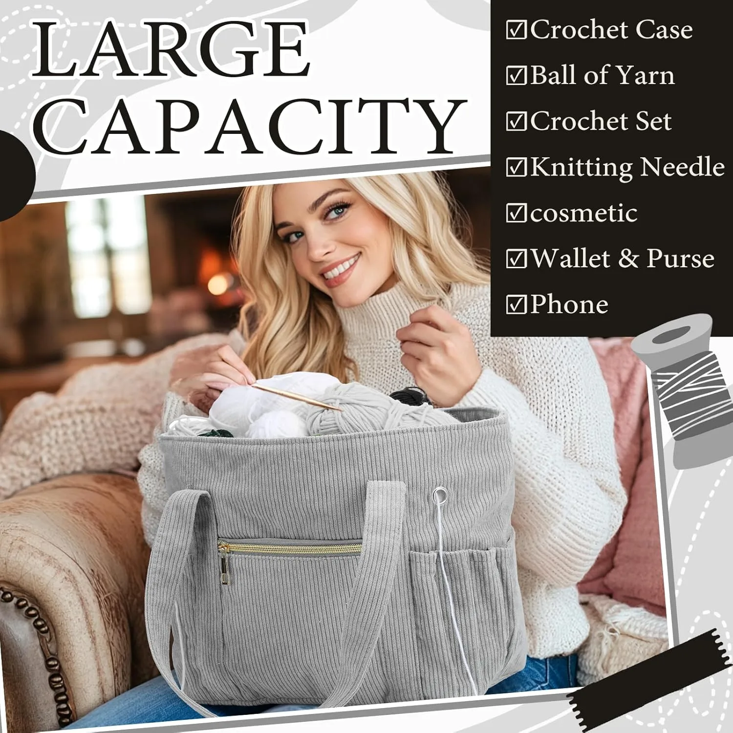 Bulyoou 2 Pcs Crochet Bag and Tote Set Corduroy Yarn Bag Crochet Tote Bag for Crochet Hooks Organizer Yarn Holder for Crochet Lovers Knitting Bag Crochet Accessories(Grey)