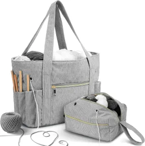 Bulyoou 2 Pcs Crochet Bag and Tote Set Corduroy Yarn Bag Crochet Tote Bag for Crochet Hooks Organizer Yarn Holder for Crochet Lovers Knitting Bag Crochet Accessories(Grey)