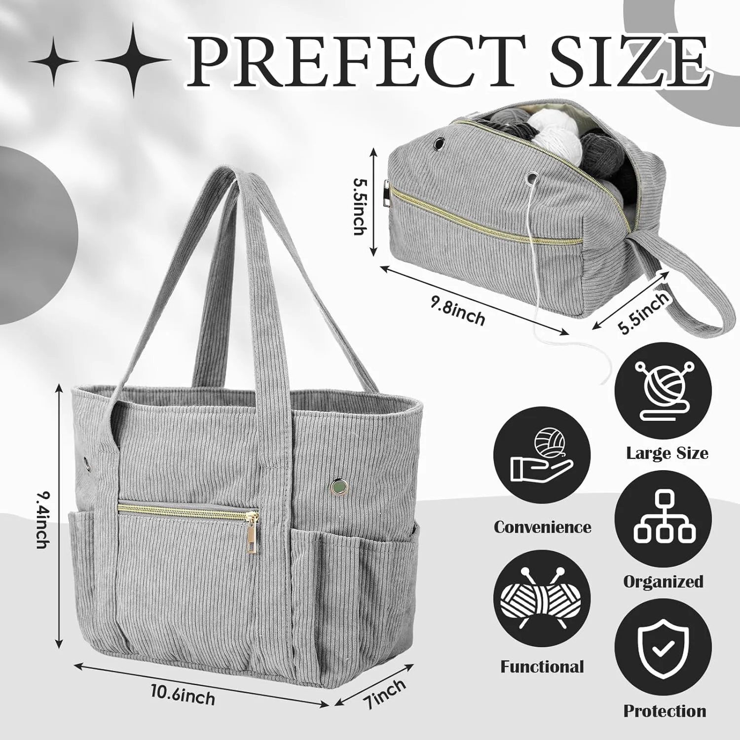 Bulyoou 2 Pcs Crochet Bag and Tote Set Corduroy Yarn Bag Crochet Tote Bag for Crochet Hooks Organizer Yarn Holder for Crochet Lovers Knitting Bag Crochet Accessories(Grey)