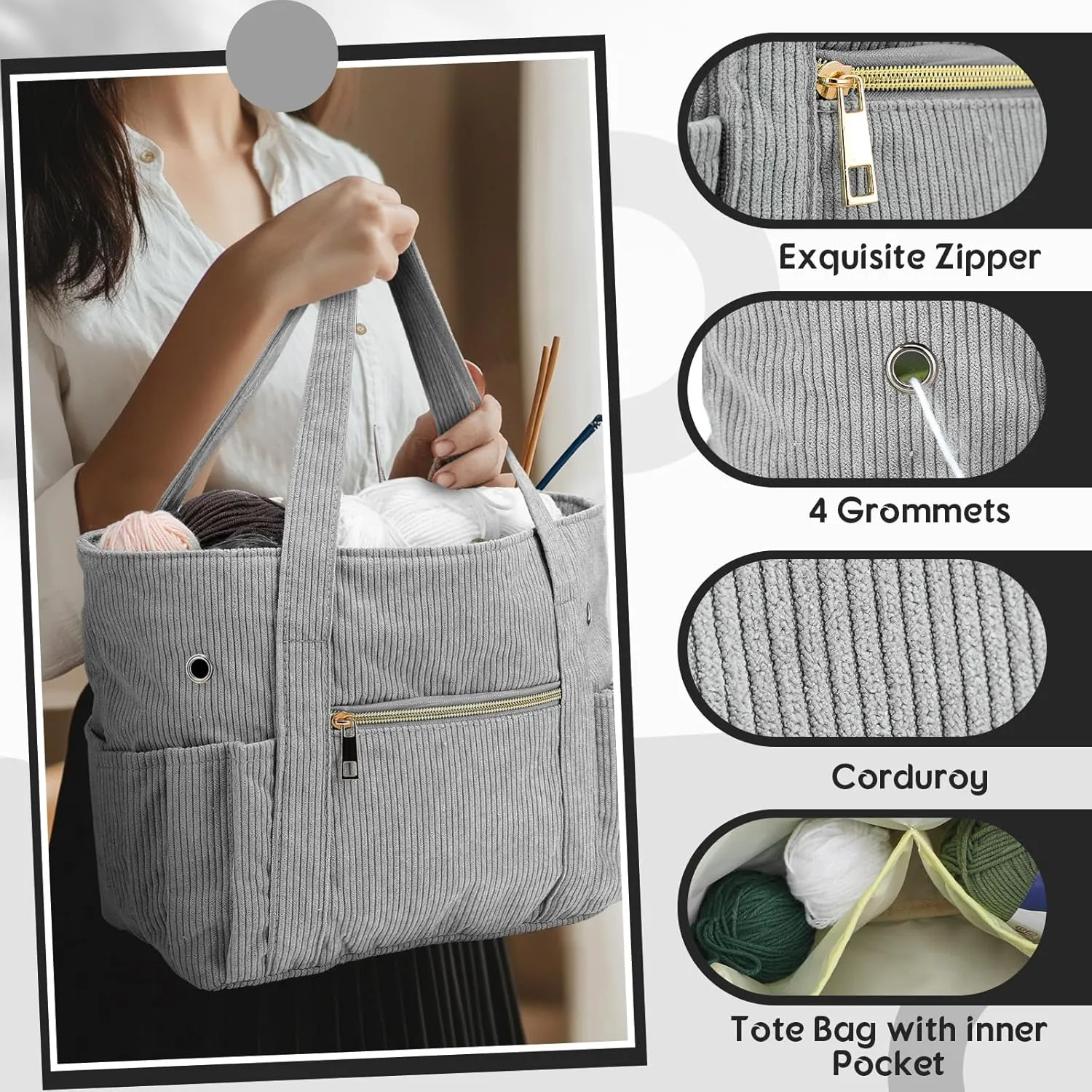 Bulyoou 2 Pcs Crochet Bag and Tote Set Corduroy Yarn Bag Crochet Tote Bag for Crochet Hooks Organizer Yarn Holder for Crochet Lovers Knitting Bag Crochet Accessories(Grey)
