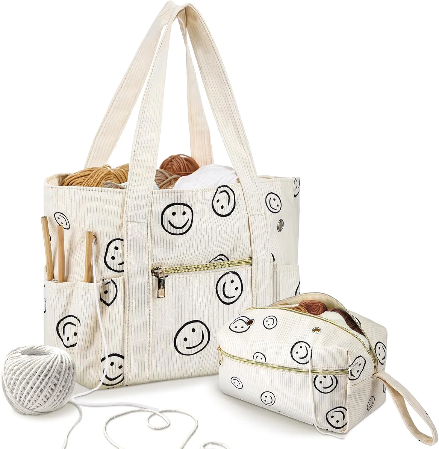 Bulyoou 2 Pcs Crochet Bag and Tote Set Corduroy Yarn Crochet Tote Bag for Hooks Organizer Smile Face Design Yarn Holder for Mother's Day Gift Lovers Knitting Accessories