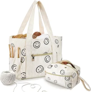 Bulyoou 2 Pcs Crochet Bag and Tote Set Corduroy Yarn Crochet Tote Bag for Hooks Organizer Smile Face Design Yarn Holder for Mother's Day Gift Lovers Knitting Accessories