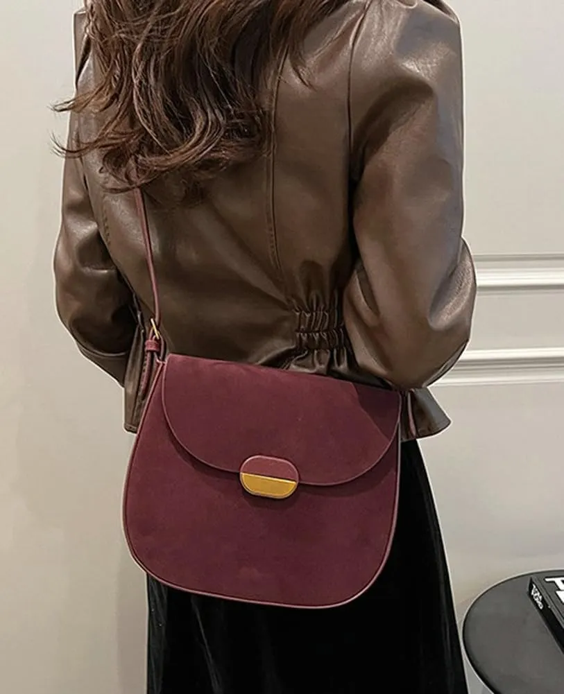 Burgundy Suede Shoulder Bags For Women Brown Suede Small Trendy Wine Crossbody Bag Saddle Suede Satchel Bag